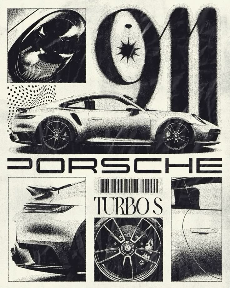 Porsche 911 Turbo S - Monochrome Graphic Collage Poster
