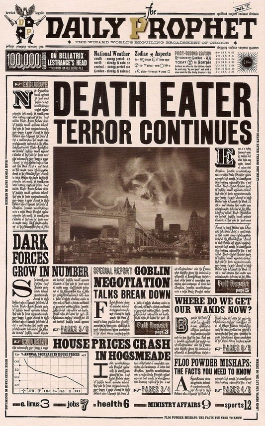 Harry Potter Daily Prophet Poster - "Death Eater Terror Continues" Front Page Replica